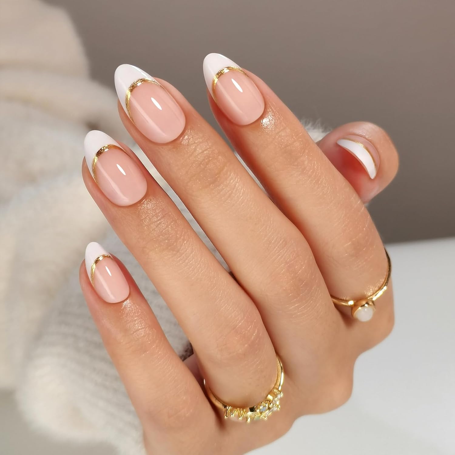 Shangmeng White French Tip Press on Nails With Gold Line Design - Soft Gel Christmas Almond Nails Short for Women, Glossy Glue on Nails With Glue in 16 Sizes - 32 Reusable Fall Fake Nails, Gold Ribbon