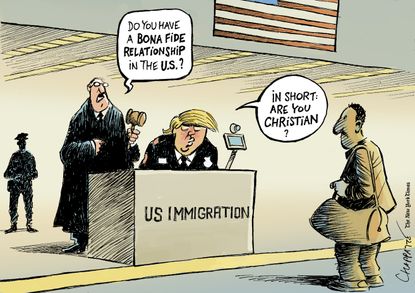 Political cartoon U.S. Trump travel ban Supreme Court religion