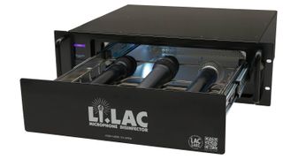 The Li.LAC Microphone Disinfector, now distributed in North America by RF Venue. sterilizes mics for use.