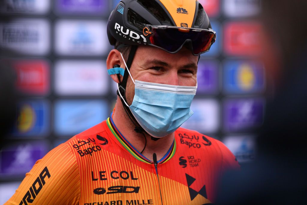 SCHOTEN BELGIUM OCTOBER 14 Start Mark Cavendish of United Kingdom and Team Bahrain Mclaren Press Media Mask Covid safety measures Team Presentation during the 108th Scheldeprijs 2020 a 1733km stage from Schoten to Schoten Scheldeprijs FlandersClassic SP20 on October 14 2020 in Schoten Belgium Photo by Luc ClaessenGetty Images