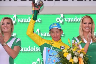 Miguel Angel Lopez (Astana) in yellow after stage 8 at the Tour de Suisse