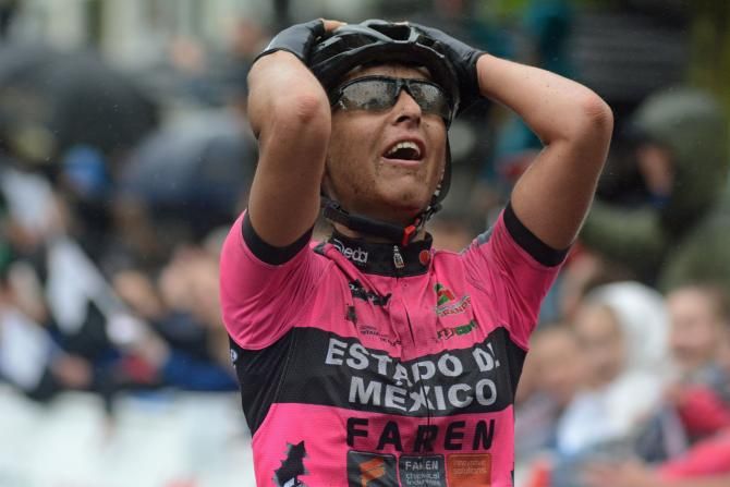 A triumphant Rosella Ratto after winning stage 2 of the Women's Tour