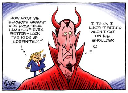 Political Cartoon U.S. Trump Migrant Crisis Family Separation Devil on Shoulder Satan