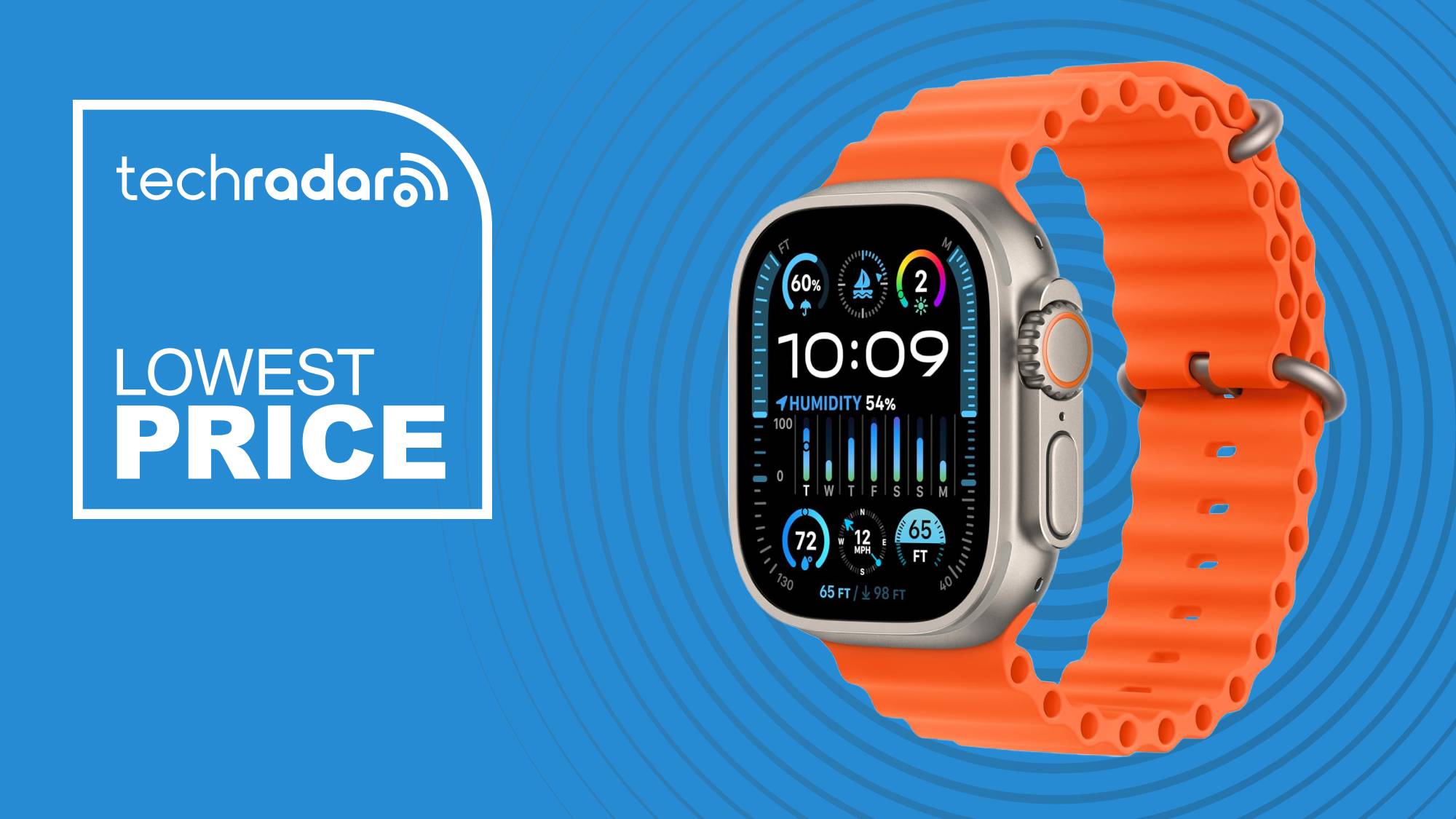 The Apple Watch Ultra 2 with an orange strap in front of a blue background and accompanied by text reading &#039;Lowest price&#039;.