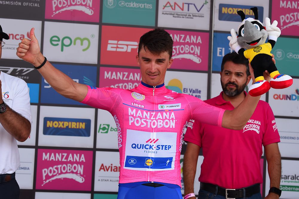 Julian Alaphilippe in the leader's jersey after stage 4 at Colombia Oro y Paz