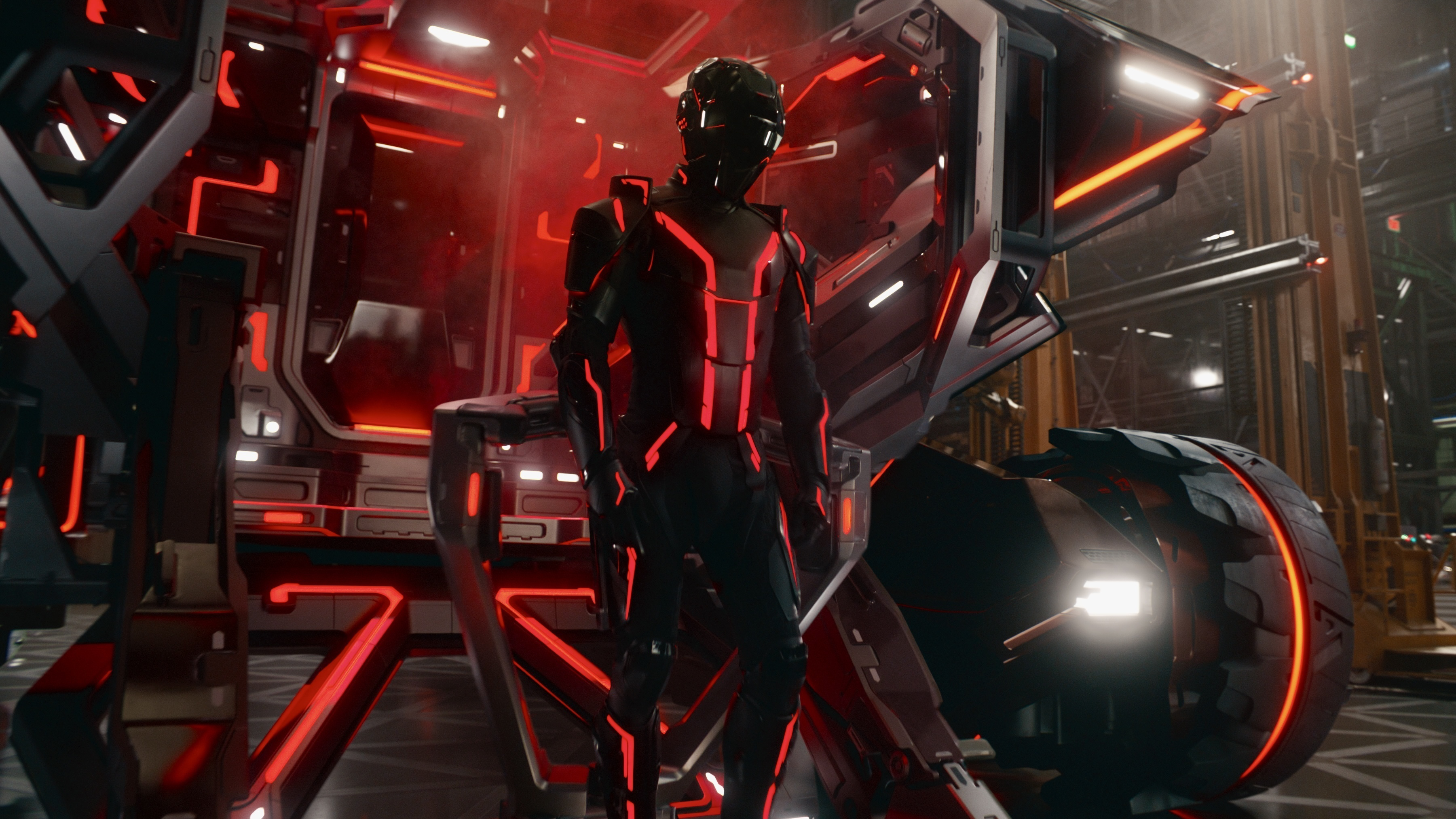 Ares (Jared Leto) in a full suit and helmet in a scene from &quot;Tron: Ares&quot;