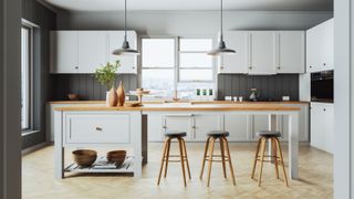 gray kitchen with wooden worktops