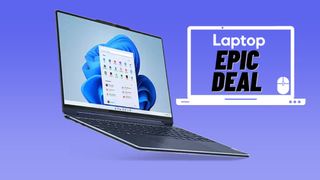 Blue Lenovo Yoga 9i 2-in-1 laptop against blue gradient background.