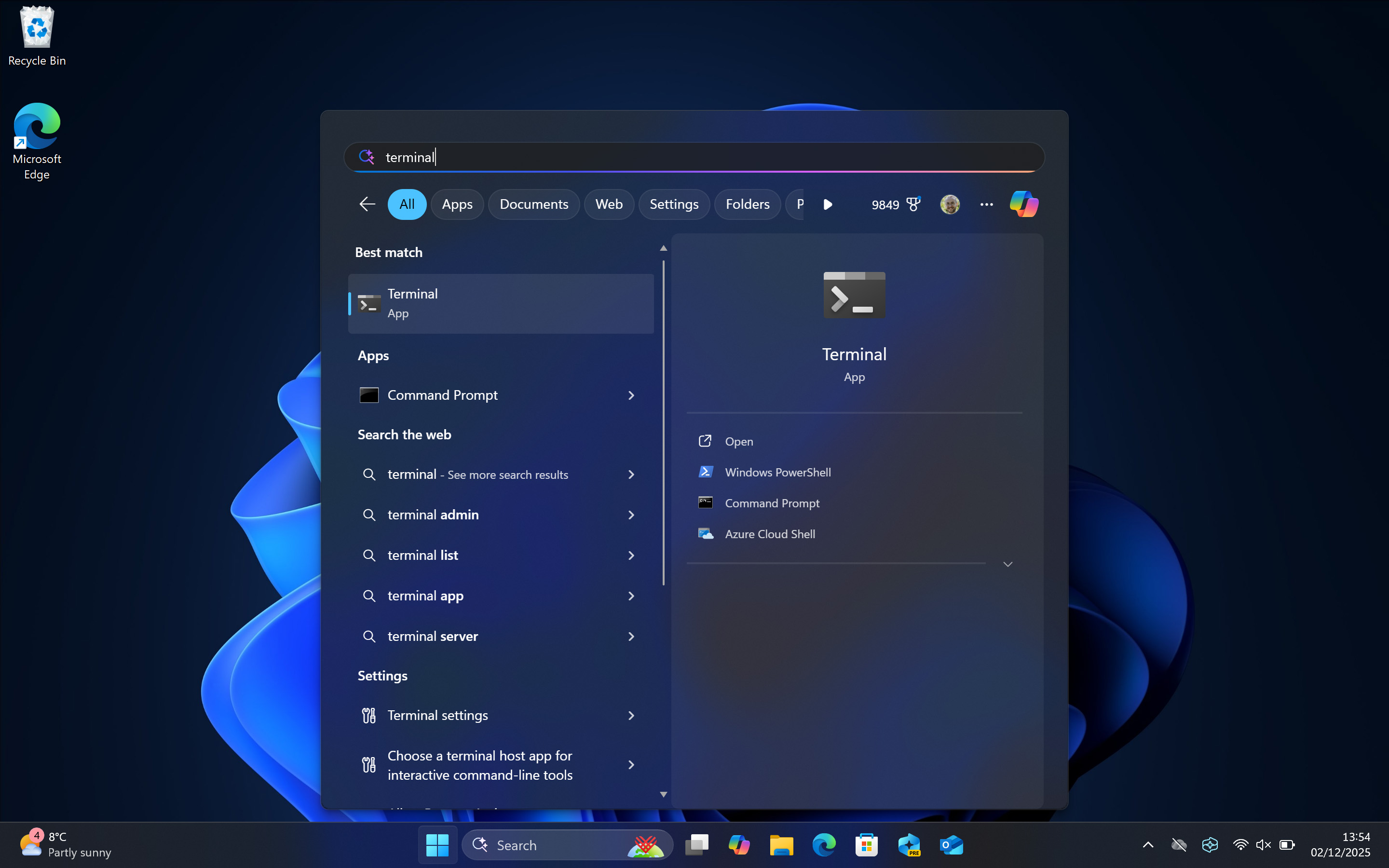 Searching for 'terminal' in Windows 11 Start menu