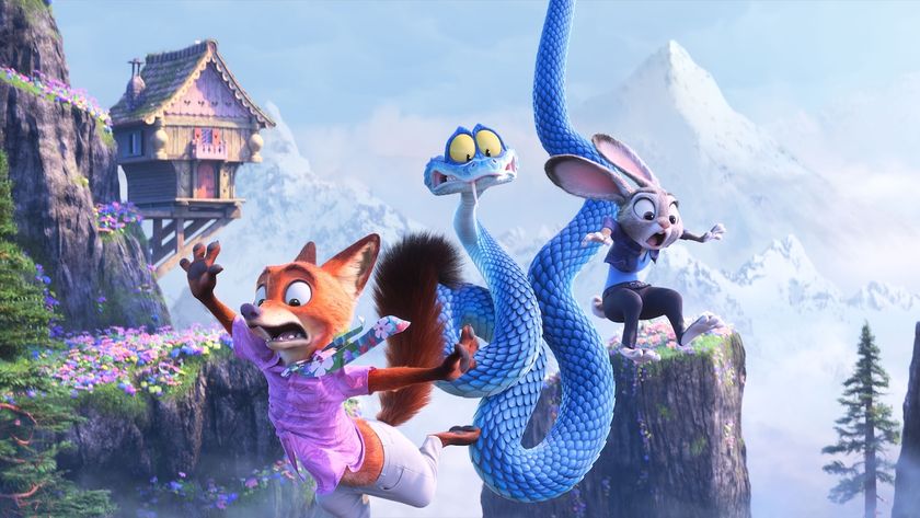 Nick Wilde, Gary D'Snake and Judy Hopps falling in Zootopia 2