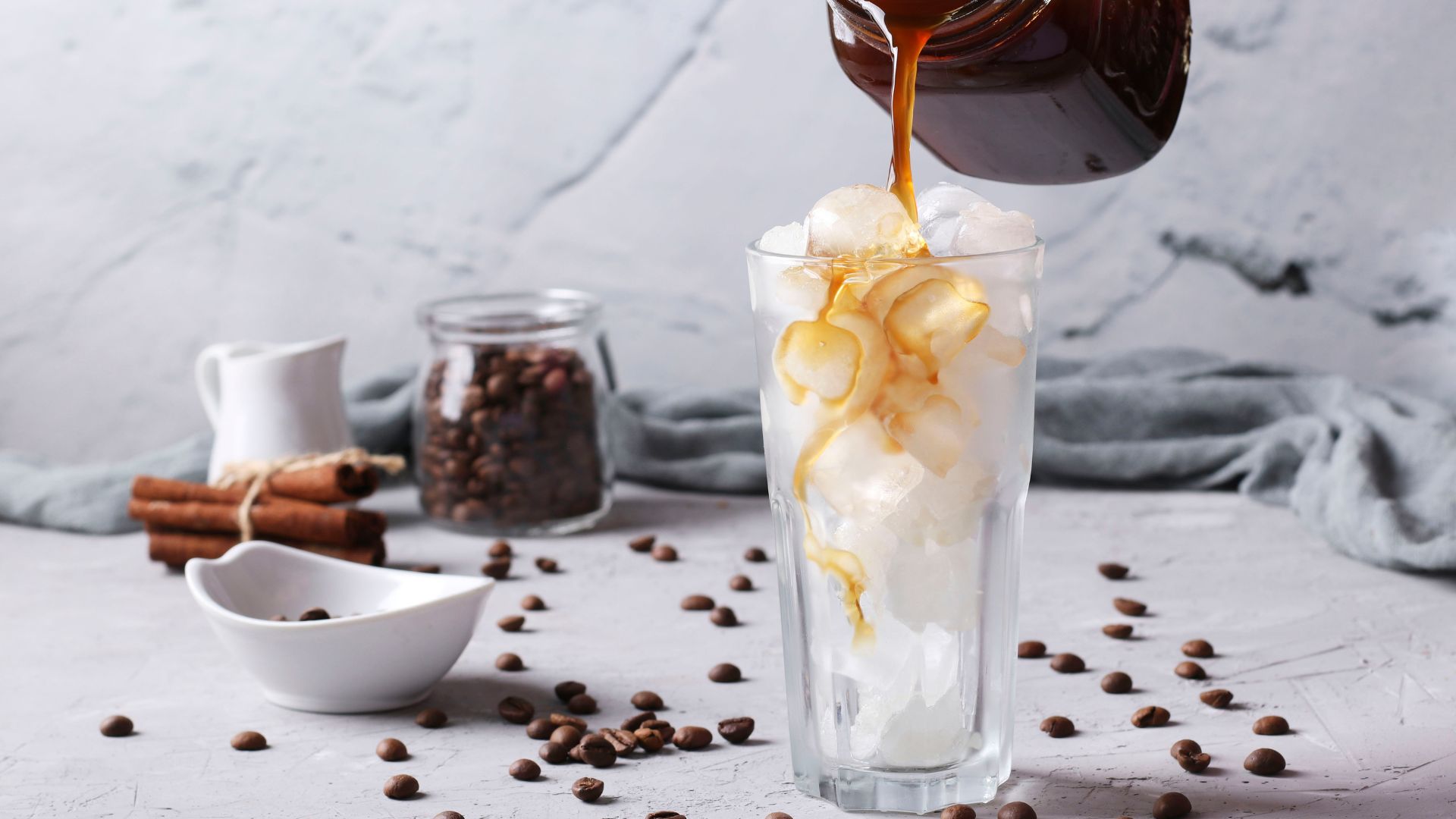 Iced coffee on a marble counter