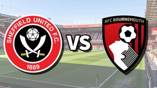 The Sheffield United and AFC Bournemouth club badges on top of a photo of Bramall Lane stadium in Sheffield, England