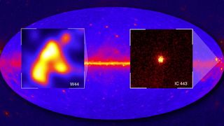 In order to understand the origin and acceleration of cosmic ray protons, researchers used data from the Fermi Gamma-ray Space Telescope, and targeted W44 and IC 443, two supernova remnants located thousands of light years away. Image released Feb. 14, 2013.