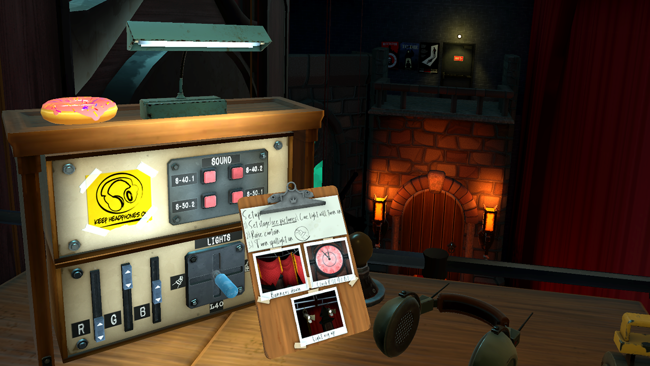 Controls for a lighting rig are seen behind an instructions list telling the player how to the stage prepared for a show