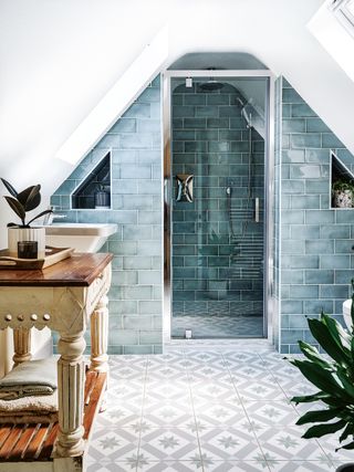 tiled wetroom with shower and reclaimed washstand