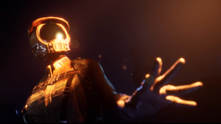 Character in space suit looking at a bright light