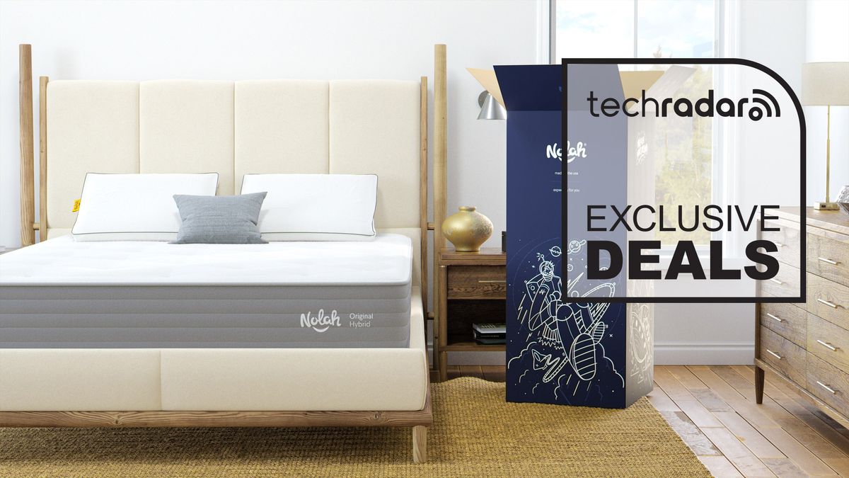 The Nolah Original Hybrid Mattress on a bed with its delivery box and a graphic overlaid saying &quot;EXCLUSIVE DEALS&quot;