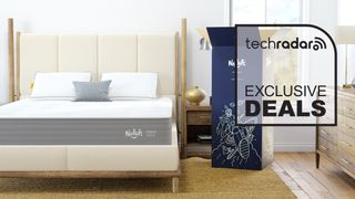 The Nolah Original Hybrid Mattress on a bed with its delivery box and a graphic overlaid saying "EXCLUSIVE DEALS"