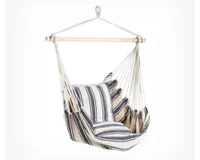 A striped blue and white hammock chair
