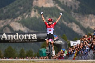 Picture by Will Palmer/SWpix.com - 01/09/2024 - Cycling - 2024 UCI Mountain Bike World Championships - Pal Arinsal, Arinsal, Andorra - Women Elite & Women Under 23 Cross-country Olympic Final - Isabella Holmgren (Canada) wins the Women Under 23 Cross-country Olympic Final