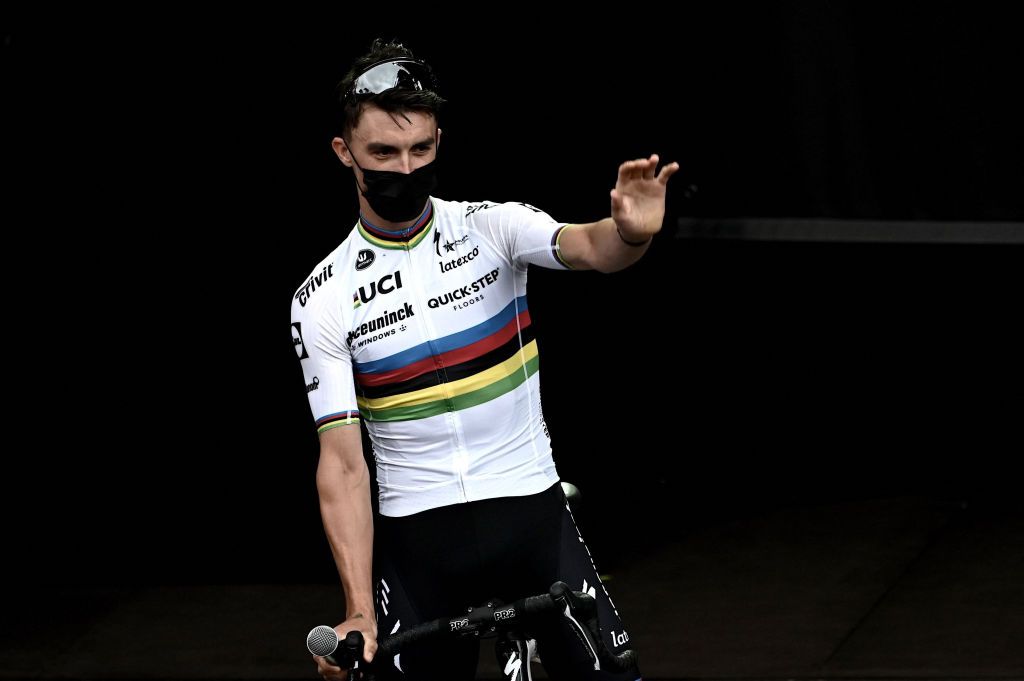 Team Deceuninck Quicksteps Julian Alaphilippe of France attends the teams presentation two days ahead of the first stage of the 108th edition of the Tour de France cycling race near Brest on June 24 2021 Photo by Philippe LOPEZ AFP Photo by PHILIPPE LOPEZAFP via Getty Images