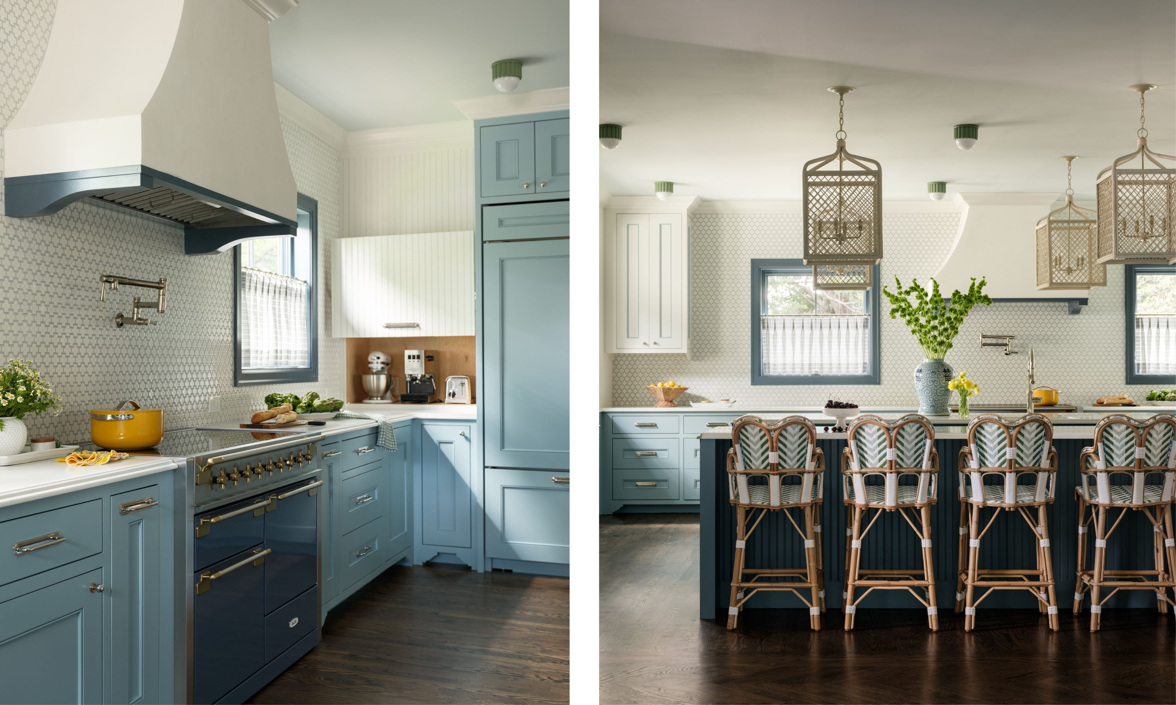 two side by side images of a light blue painted kitchen with range cooker, double islands and rattan stools