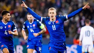  Slovakia's forward #08 Tomas Bobcek celebrates scoring his team's first goal just before the end of the World Cup 2026 European Qualifiers football match between Slovakia and Northern Ireland on November 14, 2025 in Kosice, Slovakia. Slovakia won the match 1-0.