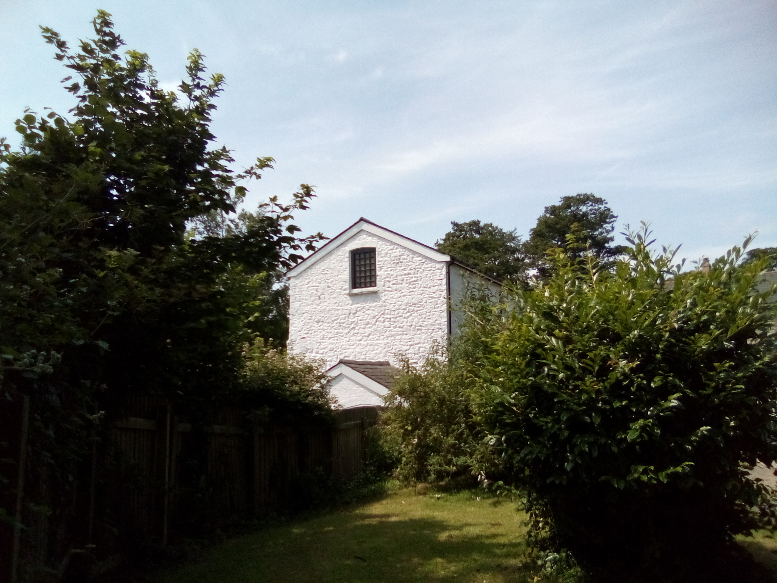 White house surrounded by trees under a blue sky