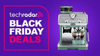 Breville espresso machine on purple background with text reading 'TechRadar Black Friday deals'