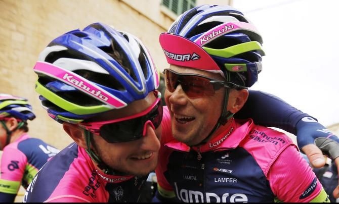 Sacha Modolo celebrates his second straight Challenge Mallorca stage win with new teammate Chris Horner