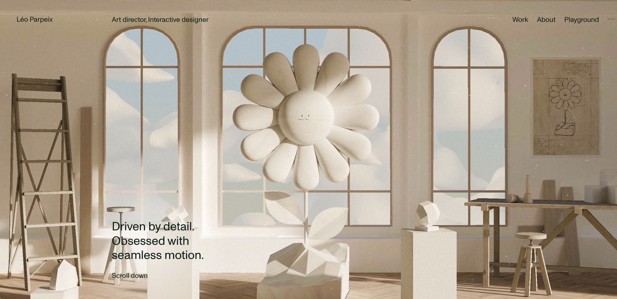 Homepage of L&amp;eacute;o Parpeix's portfolio, showing a 3D-rendered artist's studio scene with a large white flower sculpture and the tagline &amp;quot;Driven by detail. Obsessed with seamless motion.&amp;quot;