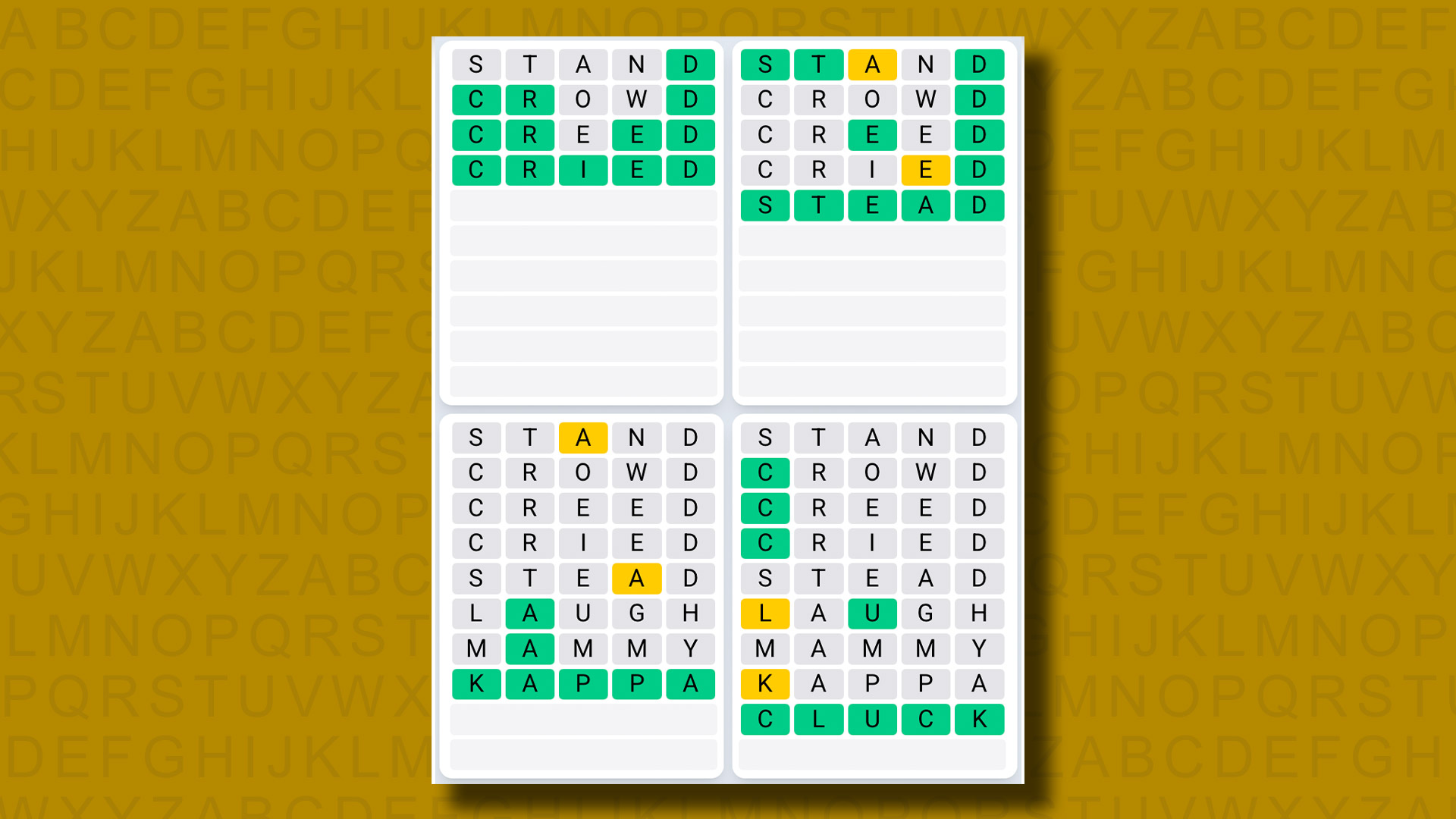Quordle Daily Sequence answers for game 1248 on a yellow background