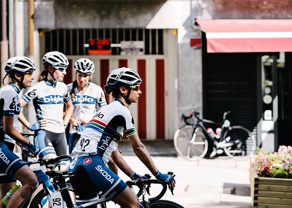 Ashleigh Moolman-Pasio and her Bigla teammates check out the competition at sign in