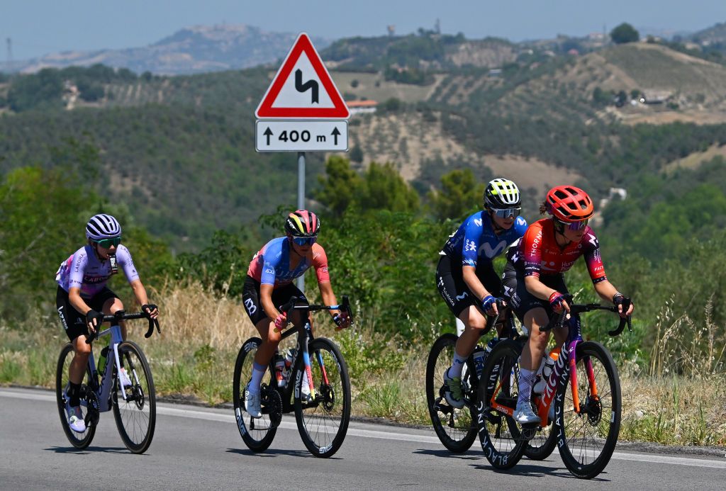 CHIETI ITALY JULY 12 LR Ane Santesteban of Spain and Team Laboral Kutxa Fundacion Euskadi Erica Magnaldi of Italy and UAE Team ADQ Liane Lippert of Germany and Movistar Team and Ruth Edwards of The United States and Team Human Powered Health compete in the breakaway during the 35th Giro dItalia Women 2024 Stage 6 a 159km stage from San Benedetto del Tronto to Chieti 330m UCIWWT on July 12 2024 in San Benedetto del Chieti Italy Photo by Luc ClaessenGetty Images