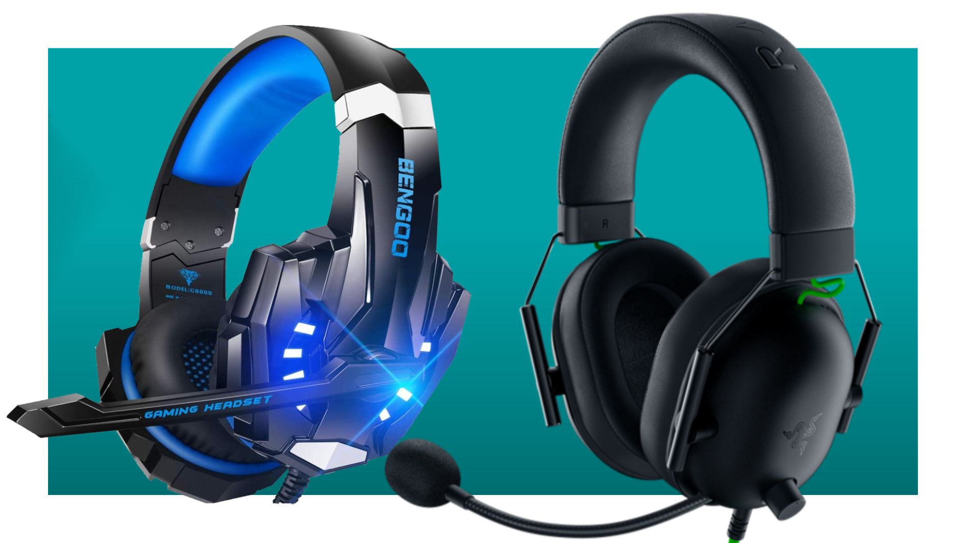 The Bengoo G9000 gaming headset lit up in blue, and the Razer BlackShark V2 X gaming headsets on a teal background
