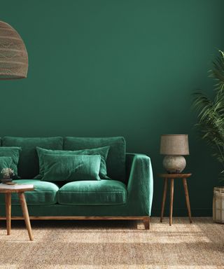 A crushed velvet green couch in a living room with a dark green wall.