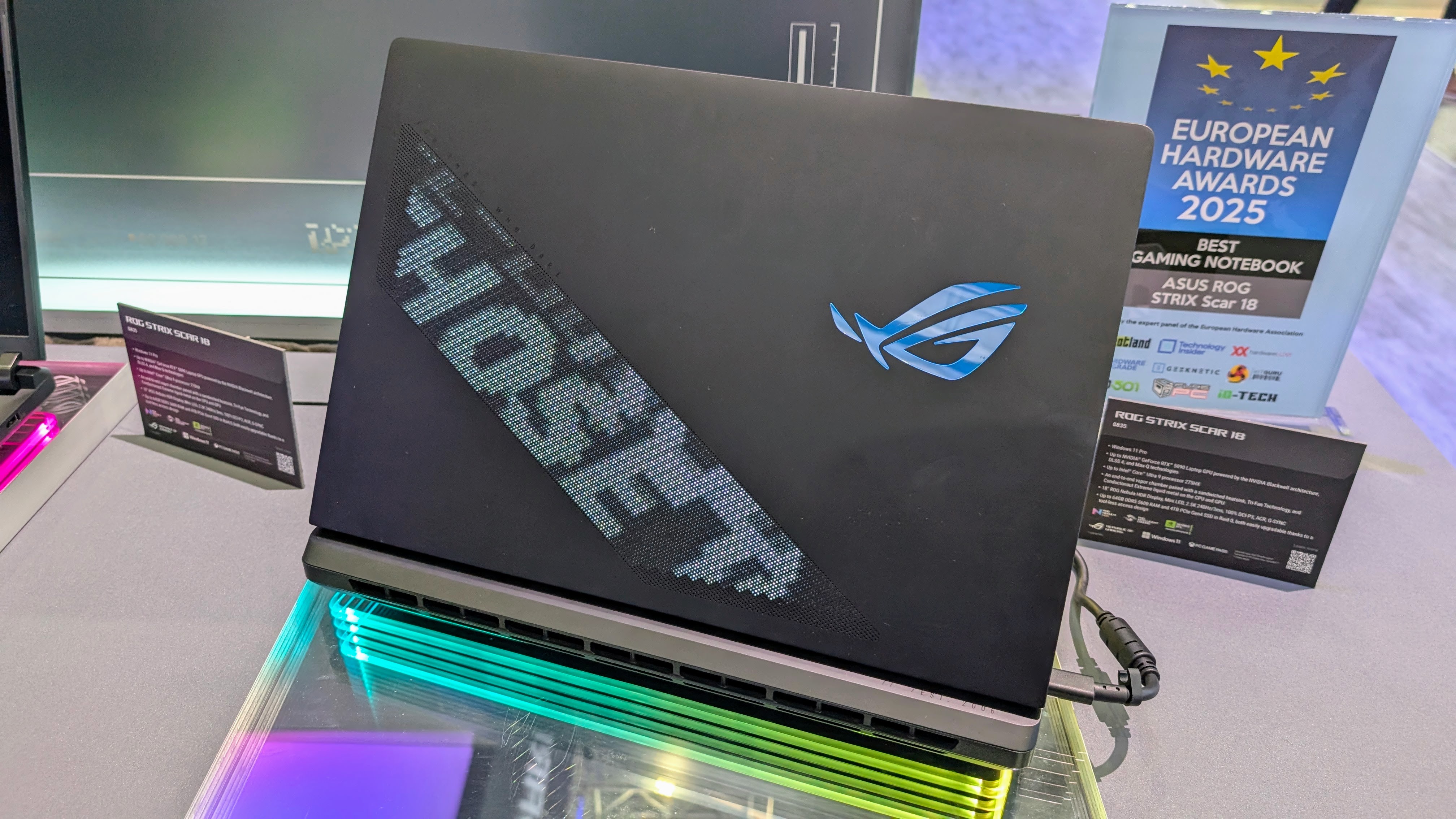 Asus Zephyr gaming laptop showing LED display on the lid at Computex 2025
