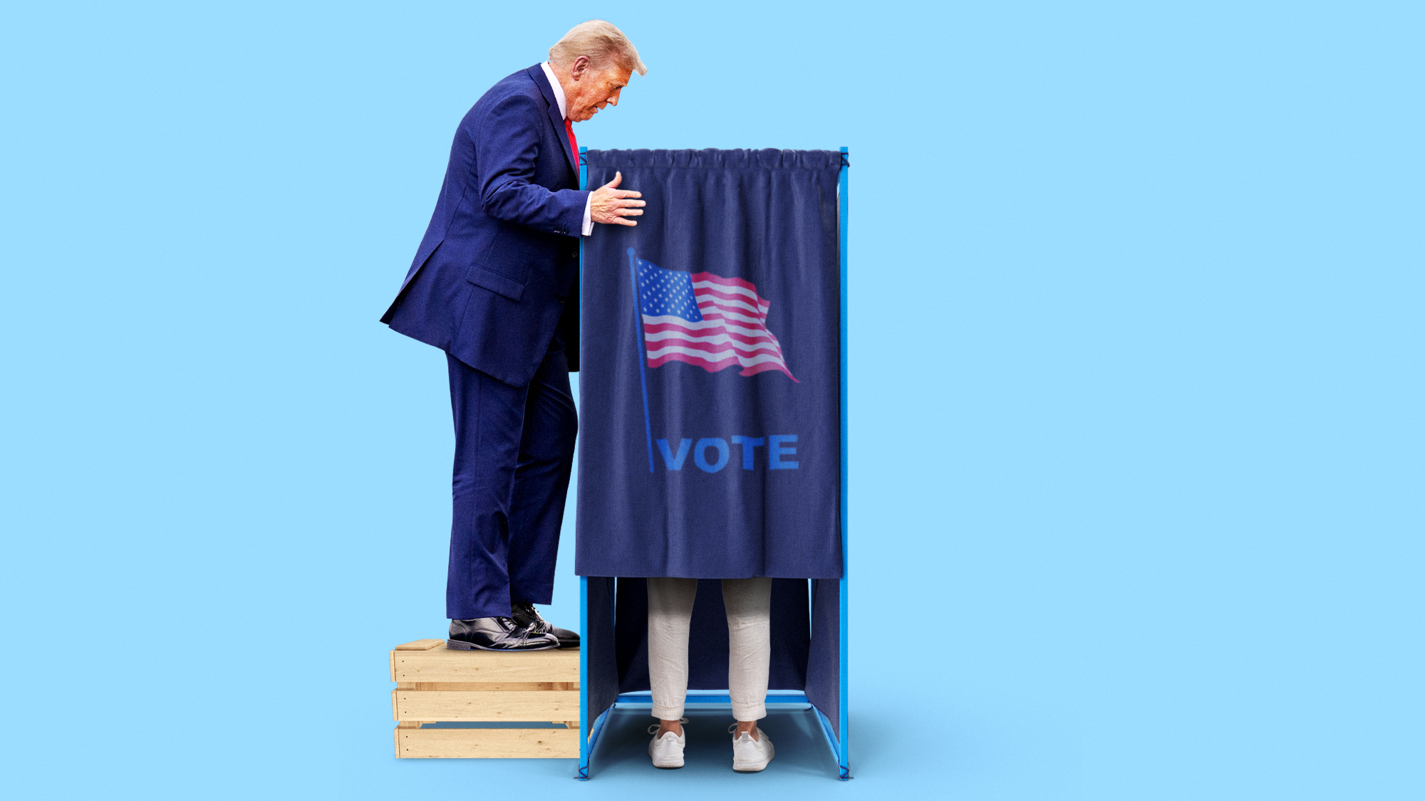 Illustration of Donald Trump standing on a crate to spy on a voting booth