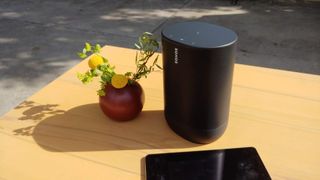 En svart Sonos Move står på ett träfärgat bord ute i solen bredvid en liten krukväxt och en mobil.