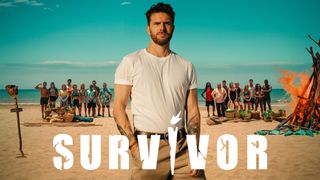 The key art for Survivor UK 2023 featuring Joel Dommett and the contestants on a beach