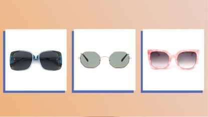 three of w&h's best prescription sunglasses picks on an orange background