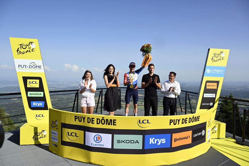 Canadian Michael Woods of IsraelPremier Tech celebrates on the podium after winning stage 9 of the Tour de France cycling race a 1824 km race from SaintLeonarddeNoblat to Puy de Dome France Sunday 09 July 2023 This years Tour de France takes place from 01 to 23 July 2023 BELGA PHOTO DIRK WAEM Photo by DIRK WAEM BELGA MAG Belga via AFP Photo by DIRK WAEMBELGA MAGAFP via Getty Images