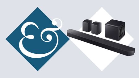 Samsung HW-Q990F on tile background next to Homes & Gardens '&' logo.