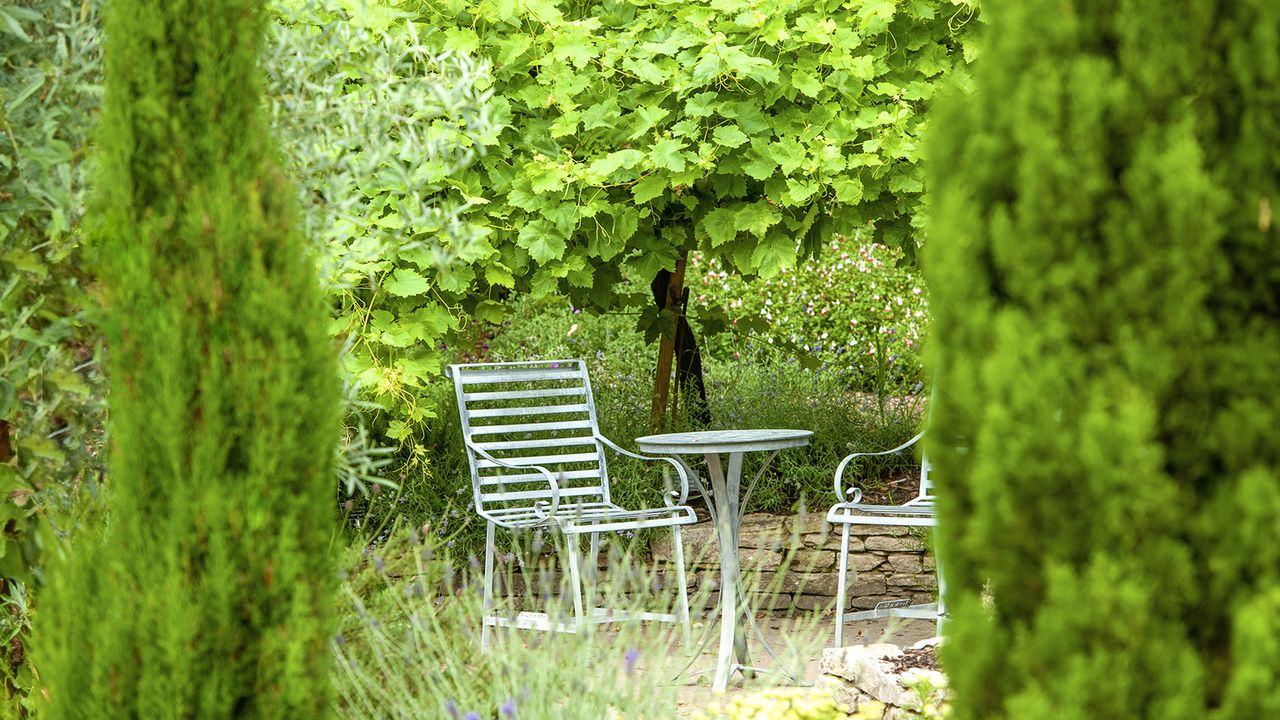 Wrought iron, garden table and chairs in a garden hideaway with tall evergreen trees