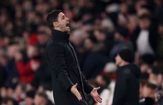 Arsenal manager Mikel Arteta reacts during the Premier League match between Arsenal FC and Newcastle United at Emirates Stadium on February 24, 2024 in London, England. 