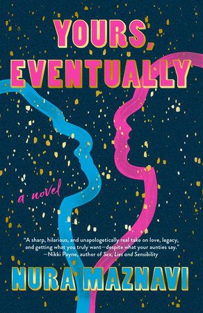 yours eventually book cover featuring constellations of a man and woman's profile