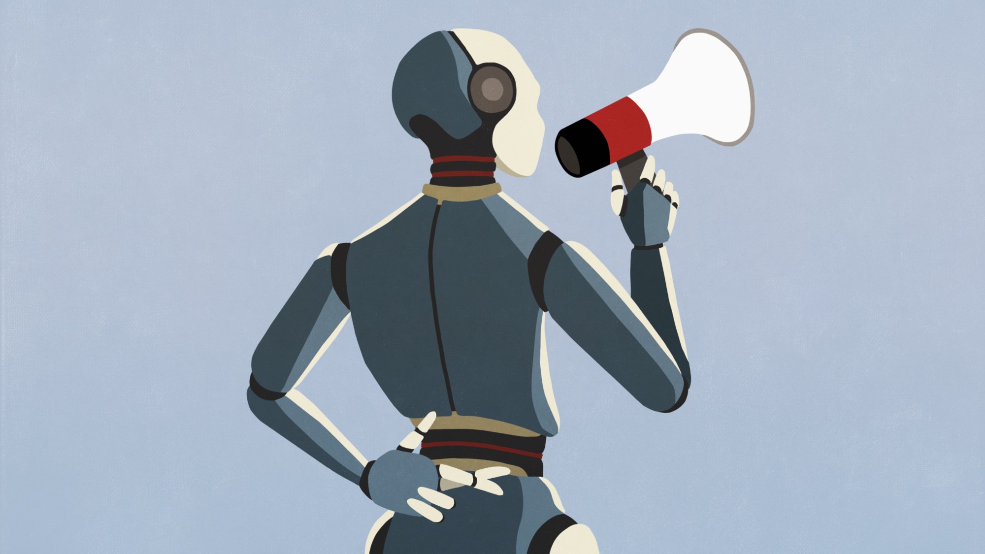 Illustration of robot with bullhorn and fingers crossed behind back