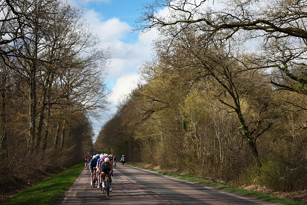 The pack rides during the 2nd stage of the Paris-Nice cycling race, 187 km between &amp;Eacute;p&amp;ocirc;ne and Montargis, on March 9, 2026. (Photo by Anne-Christine POUJOULAT / AFP)