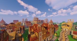 Minecraft mods - Minecolonies artistic screenshot showing a large town of stone and wood buildings at sunset.