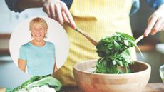 composite image featuring Annie Deadman and somebody making salad